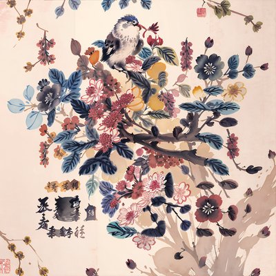 Bird and Sakura Ink Wash QR Code Art