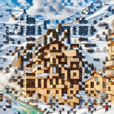 Alpine Timber Village Digital Painting QR Code for Posters