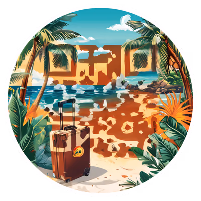 Тропический пляж с чемоданом: векторный QR-код с пальмами для стикеров — изображение 1