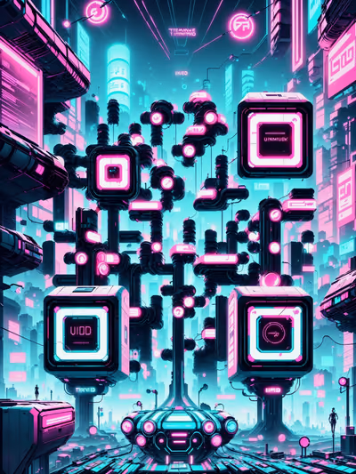 霓虹赛博朋克城市终端二维码艺术,适用于海报 — 图片 1