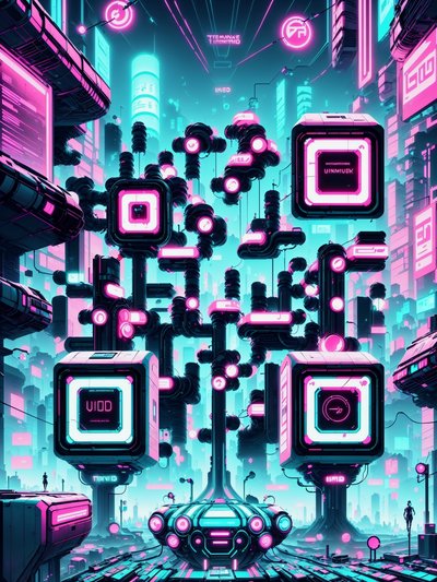 Neon Cyberpunk City Terminals QR Code for Posters