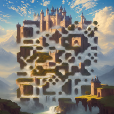 Cliffside Castle Waterfalls Matte Painting QR Code Art — image 1
