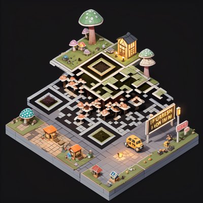 Isometric Mushroom Village Diorama QR Code for Posters
