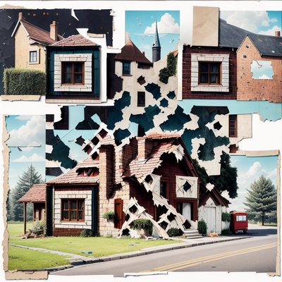Кирпичные домики из рваной бумаги: коллаж и QR-код