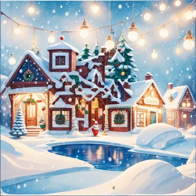Snowy Christmas Village Watercolor QR Code for Greeting Cards