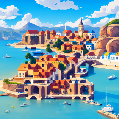Seaside Village Vector Illustration QR Code for Posters — image 1