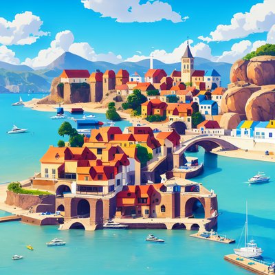 Seaside Village Vector Illustration QR Code for Posters