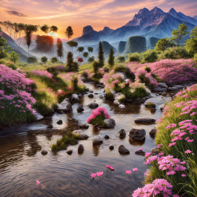 Sunset Stream Pink Flowers Landscape QR Code Art — image 1