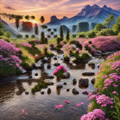 Sunset Stream Pink Flowers Landscape QR Code Art