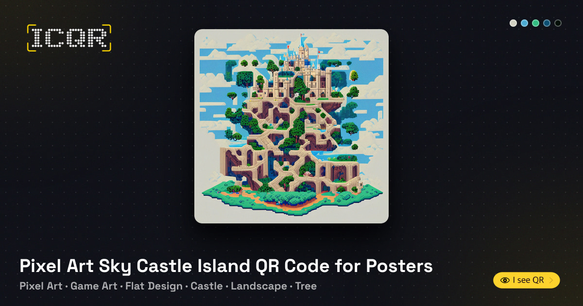 Pixel Art Sky Castle Island QR Code for Posters • ICQR