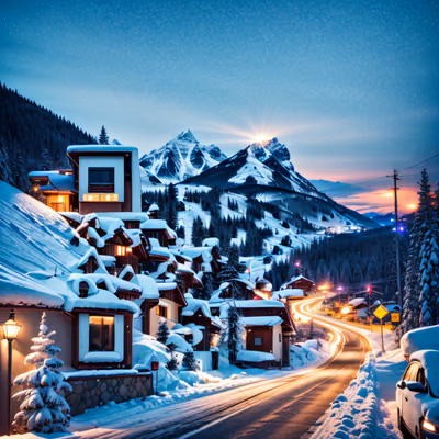 Заснеженная горная деревня, фотореализм, QR-код для постеров — изображение 1
