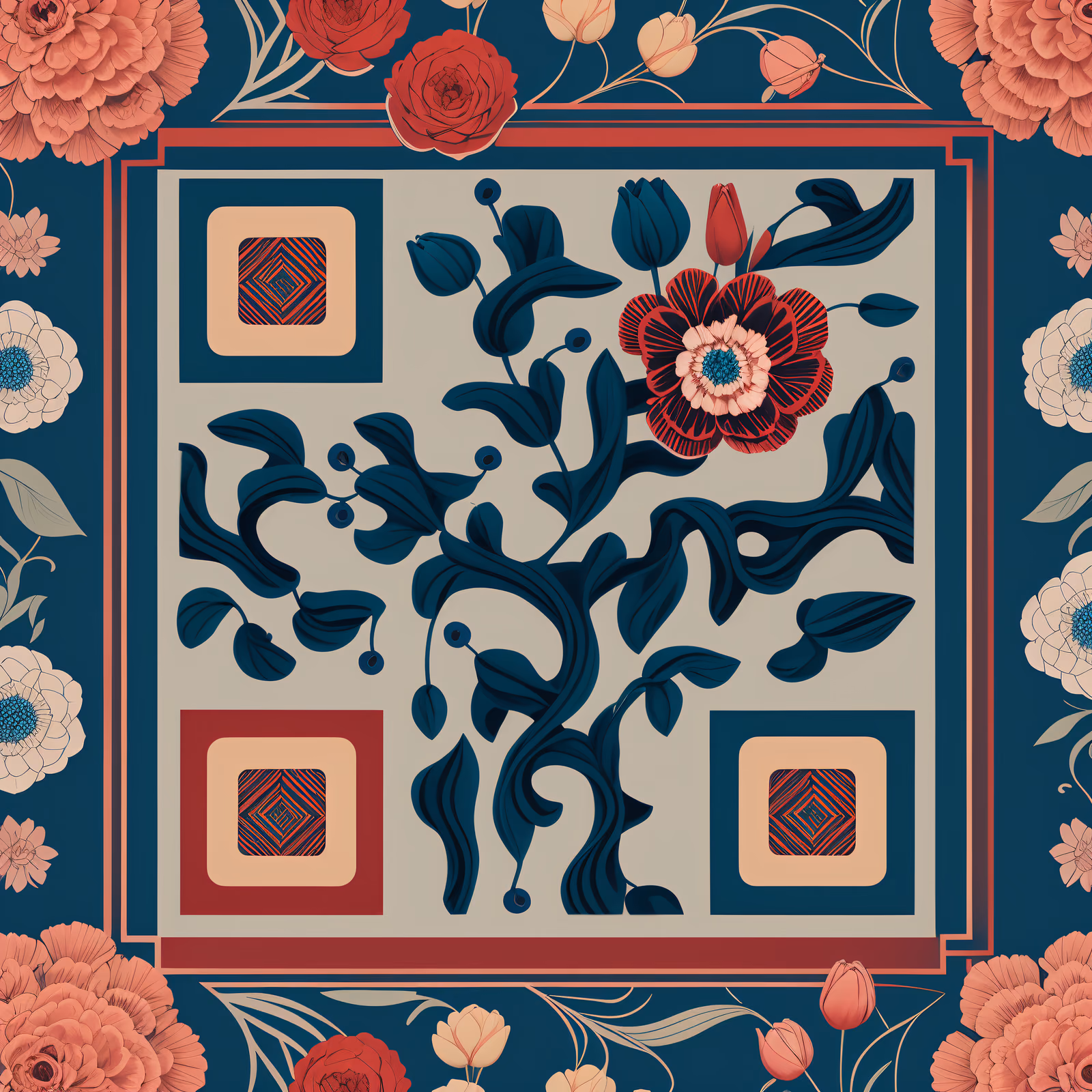 Тюльпаны, гвоздики и лозы на плитке: QR-код — изображение 1