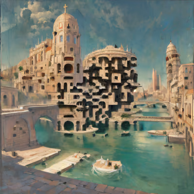 Futuristic River City Digital Painting QR Code Art — image 1