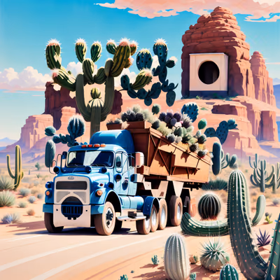 Blue Truck Desert Cactus Gouache QR Code for Posters — image 1