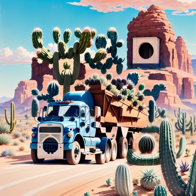 Blue Truck Desert Cactus Gouache QR Code for Posters