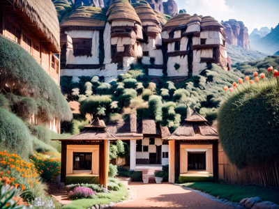 Thatched Hillside Lodge Landscape QR Code Art — image 1