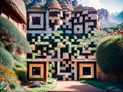 Thatched Hillside Lodge Landscape QR Code Art