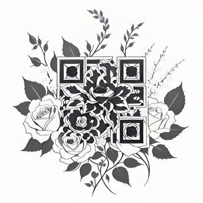 玫瑰花束墨线纹身二维码艺术,适用于临时纹身