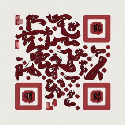 深红毛笔书法二维码艺术，适用于海报