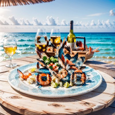 Beach Seafood Platter Photorealistic QR Code for Restaurant Menus