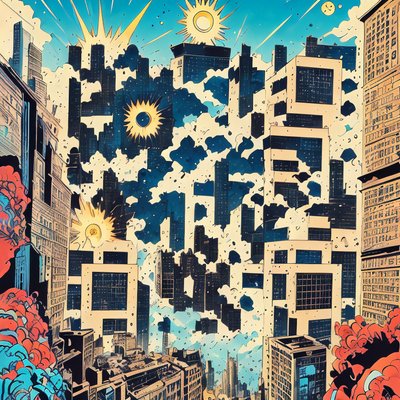 漫画摩天楼城市与太阳二维码艺术,适用于海报