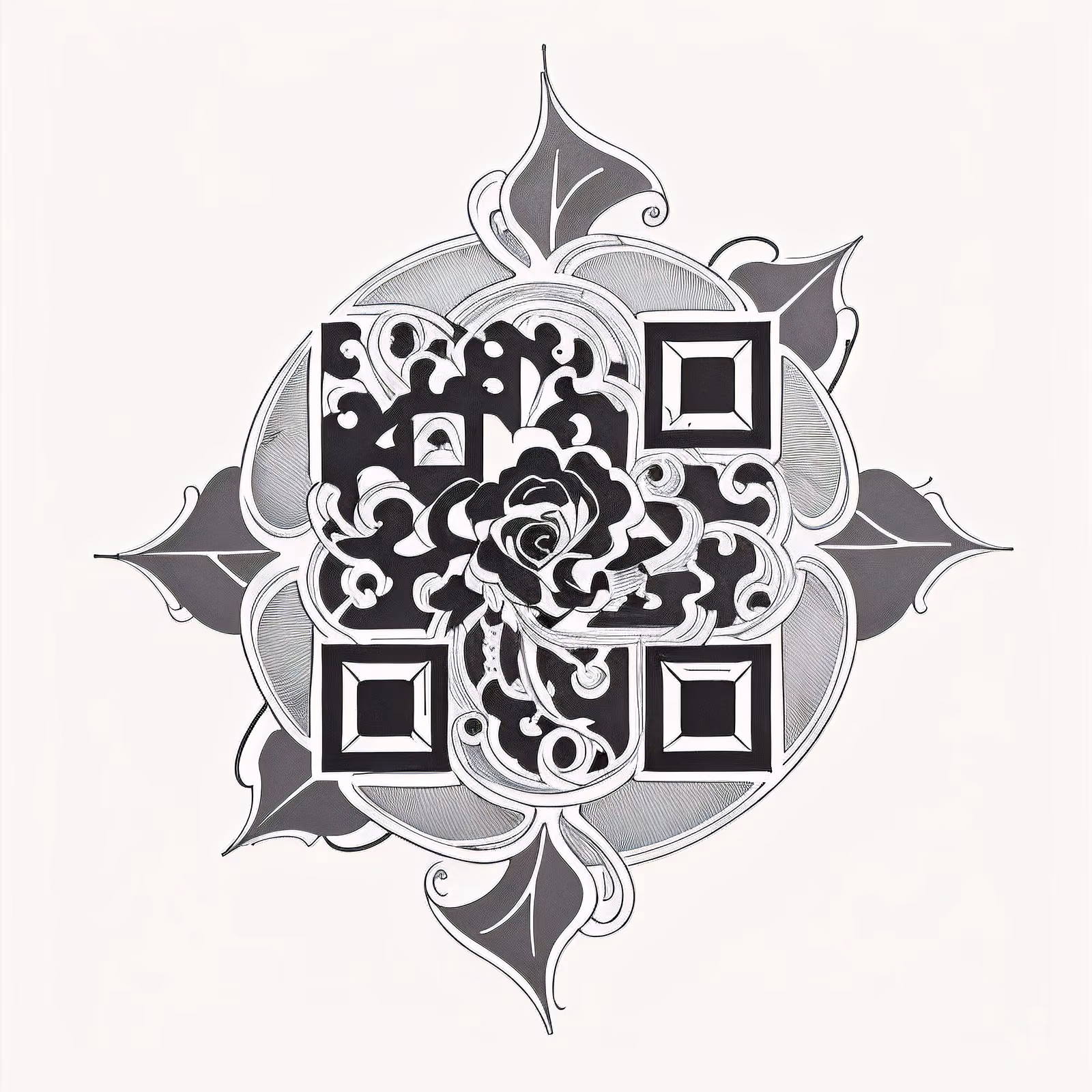 QR-код с розой и филигранью в стиле татуировки для временных тату — изображение 1