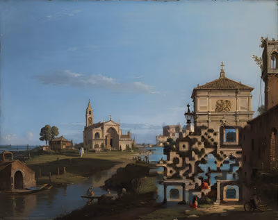 Venetian Lagoon Church Oil Painting QR Code Art — image 1