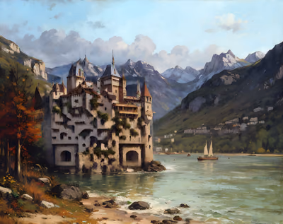 Lakeside Alpine Castle Oil Painting QR Code Art — image 1