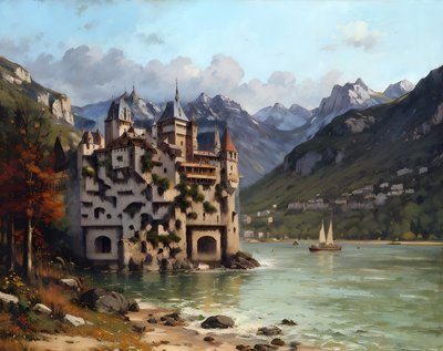 Lakeside Alpine Castle Oil Painting QR Code Art
