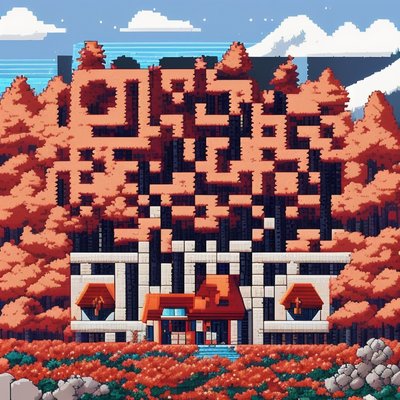 Autumn Forest House Pixel Art QR Code for Posters