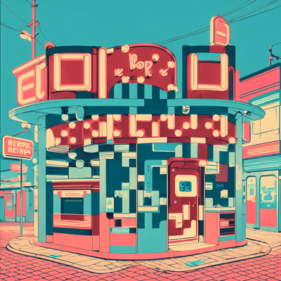 复古街角餐厅霓虹插画二维码设计,适用于海报 — 图片 1