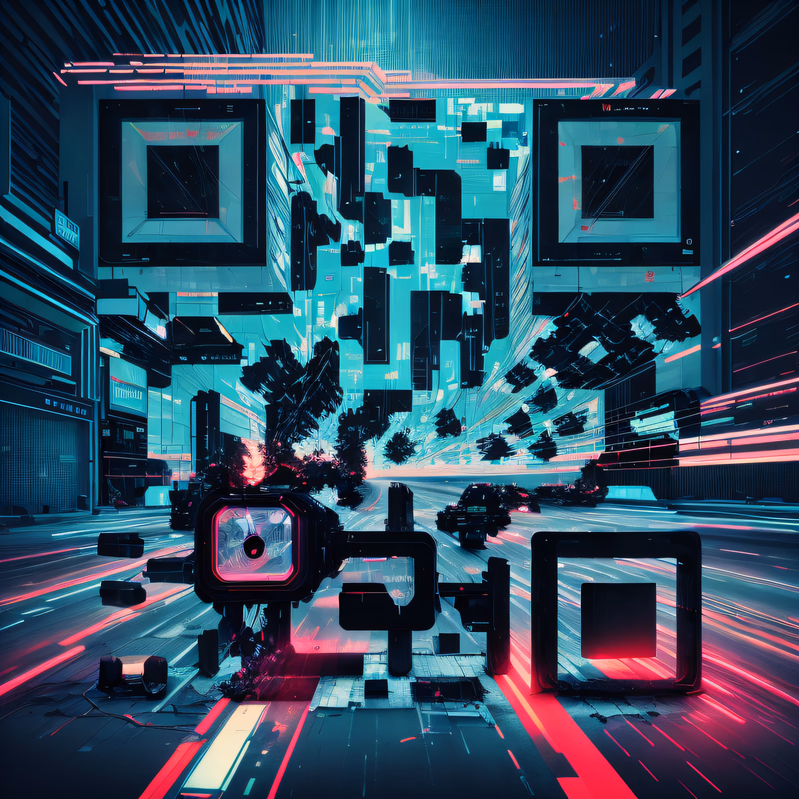 Глитч-шоссе в городе, киберпанк, QR-код для постеров — изображение 1