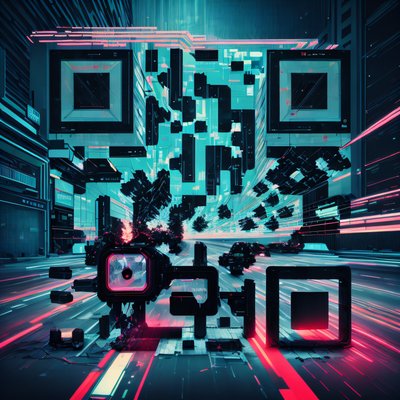 Глитч-шоссе в городе, киберпанк, QR-код для постеров
