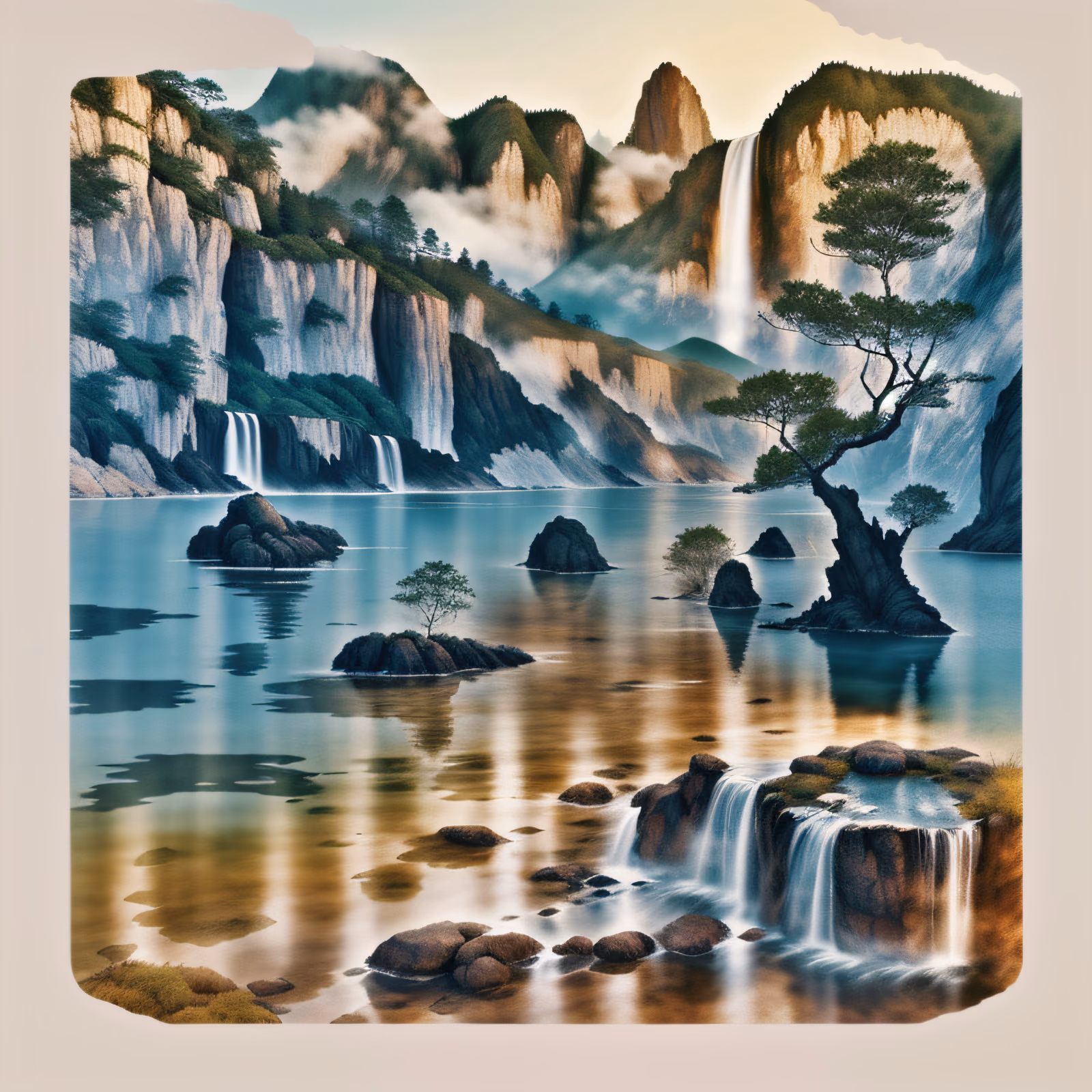 Misty Mountain Lake Waterfalls QR Code Art — image 1