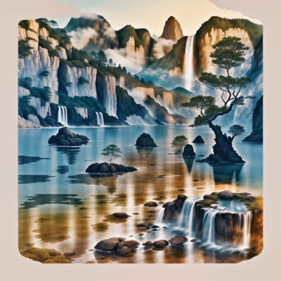 Misty Mountain Lake Waterfalls QR Code Art — image 1