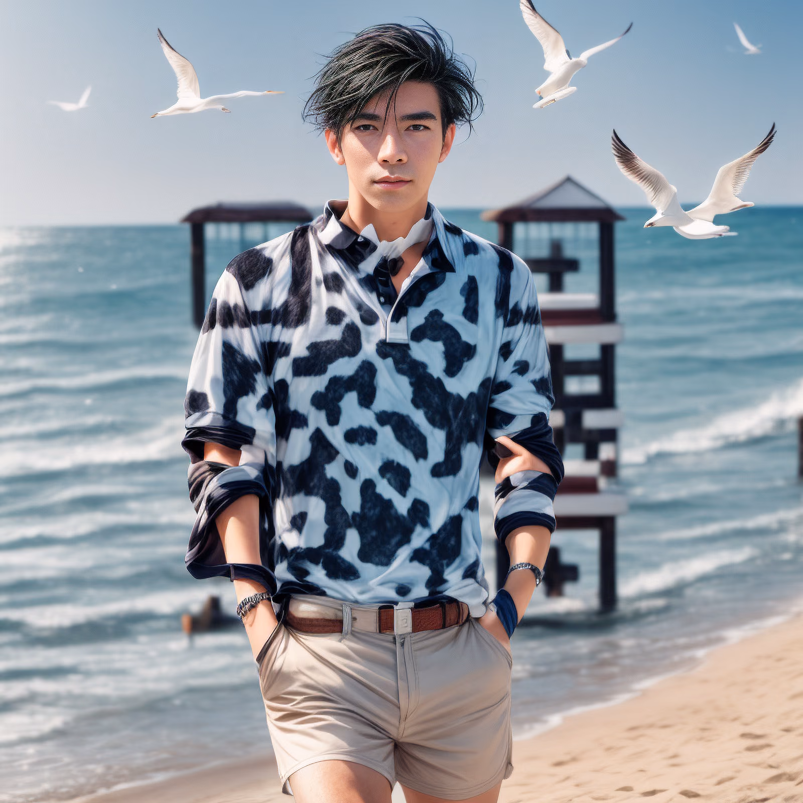 海滩男子肖像照片级二维码艺术海报设计 — 图片 1