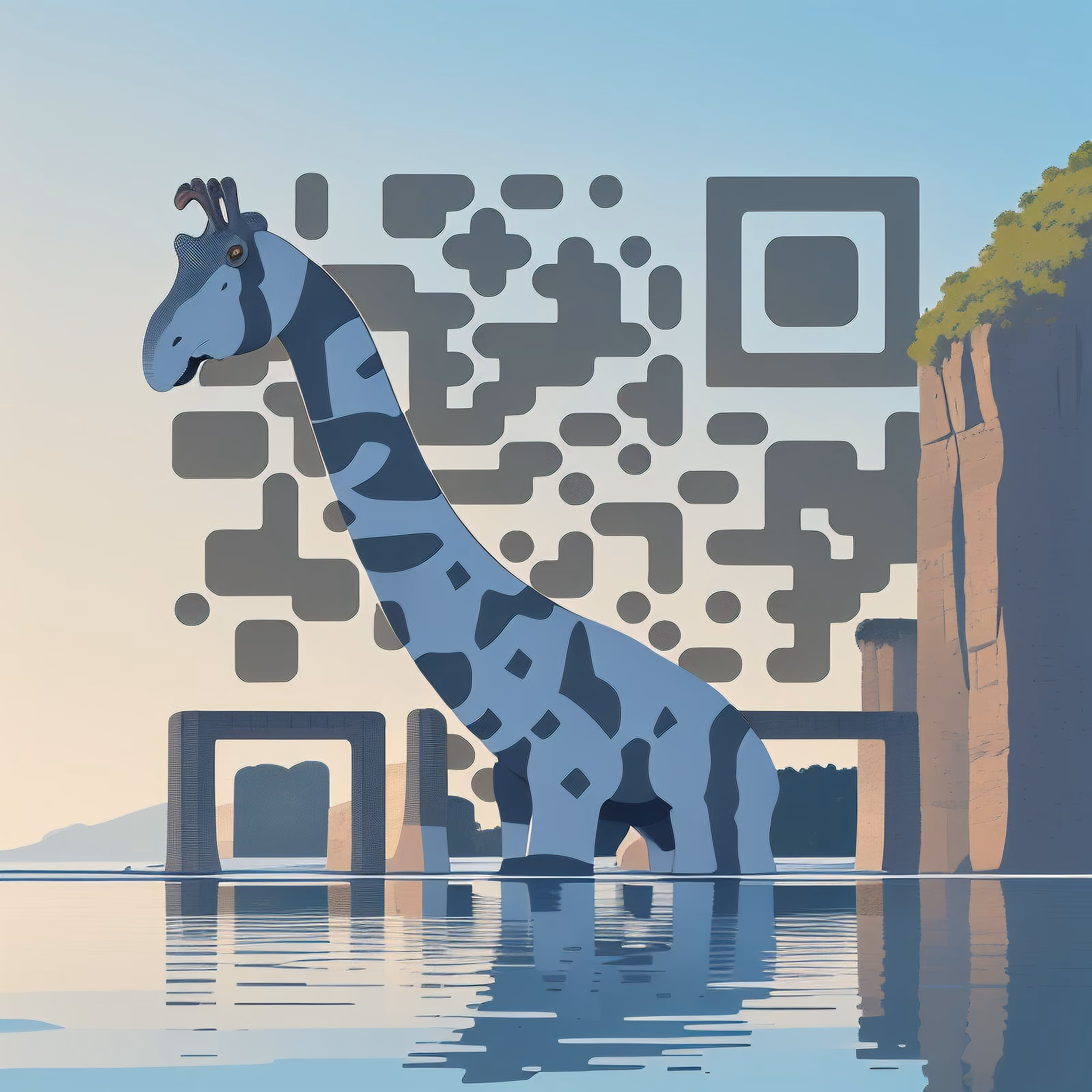 Брахиозавр на озере: плоский векторный QR-код для постеров — изображение 1
