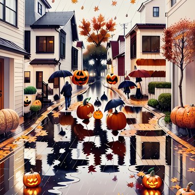 Дождливая улица на Хэллоуин: иллюстрация с QR-кодом для постеров