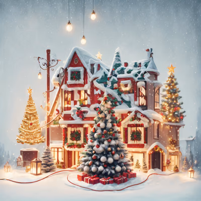 Snowy Christmas House Digital Painting Gift QR Code for Greeting Cards — image 1