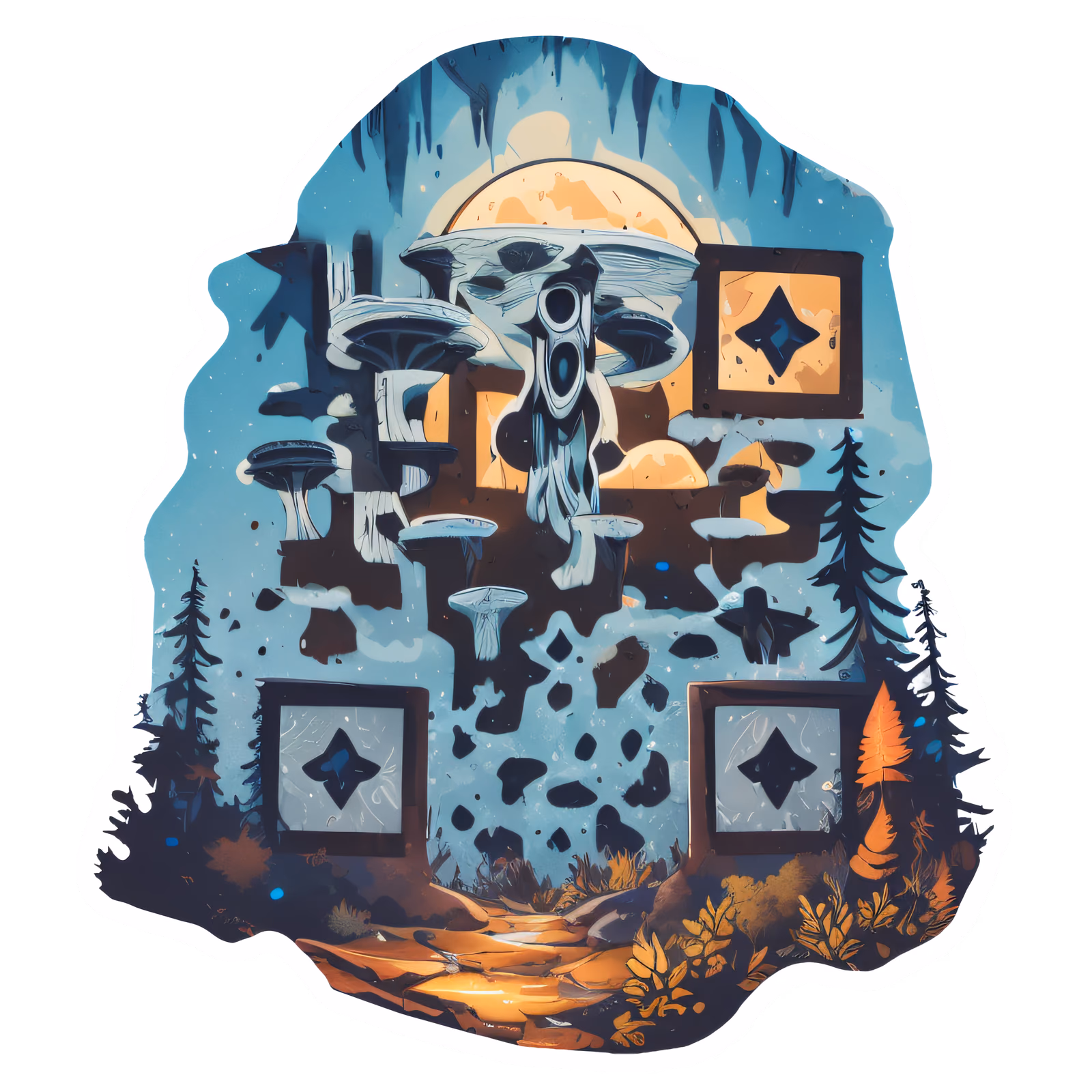 Лес гигантских грибов при луне: векторный QR-код для стикеров — изображение 1