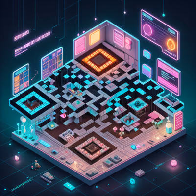 Неоновая изометрическая комната: QR-код в стиле киберпанк — изображение 1