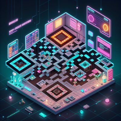 Neon Isometric Room Cyberpunk QR Code Poster