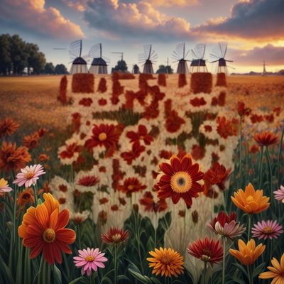 Windmill Flower Field Digital Painting QR Code Art