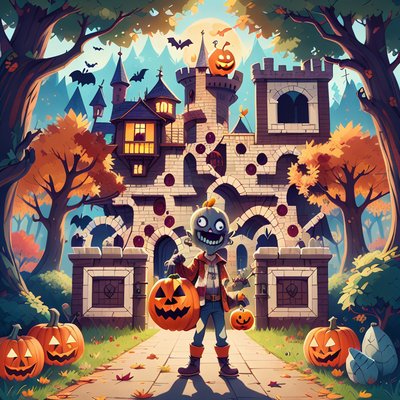 Zombie and Castle Halloween Cartoon QR Code for Posters