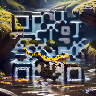 Yellow Salamander Waterfall Digital Painting Lizard QR Code Art — image 1