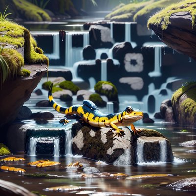 Yellow Salamander Waterfall Digital Painting Lizard QR Code Art