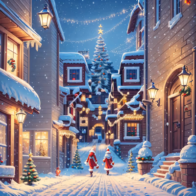 Snowy Christmas Village Street Illustration QR Code for Greeting Cards — image 1