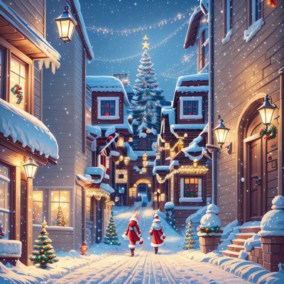 Snowy Christmas Village Street Illustration QR Code for Greeting Cards