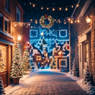 Snowy Christmas Street Digital Painting Fantasy Art QR Code for Greeting Cards — image 1