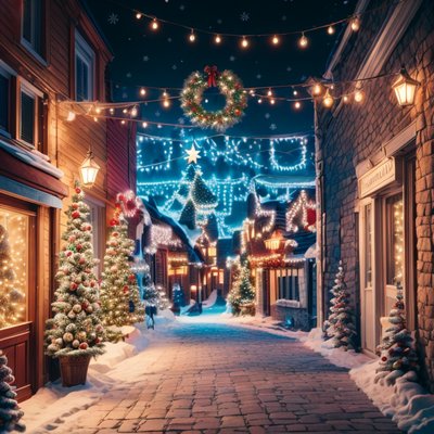 Snowy Christmas Street Digital Painting Fantasy Art QR Code for Greeting Cards